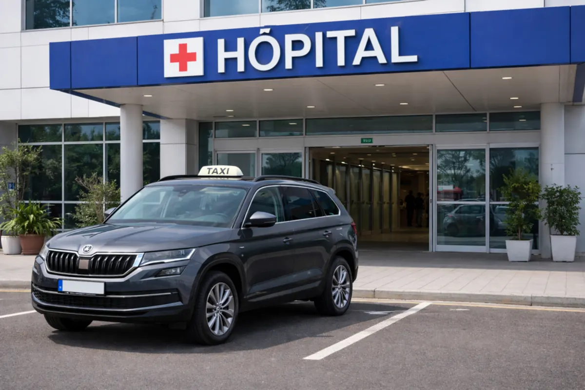 Taxi conventionné CPAM en attente devant l'entrée d'un hôpital — Nord-Isère