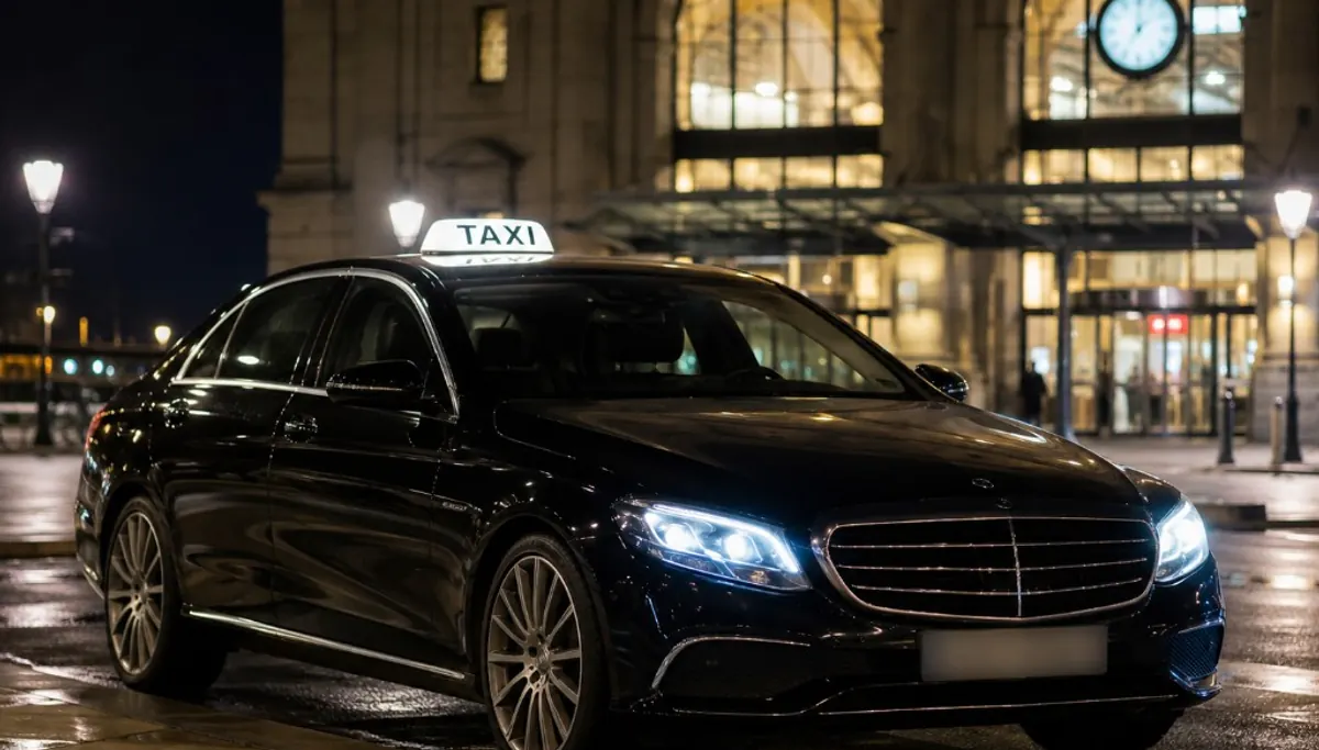 Taxi noir Tara Taxi en service devant une gare lyonnaise