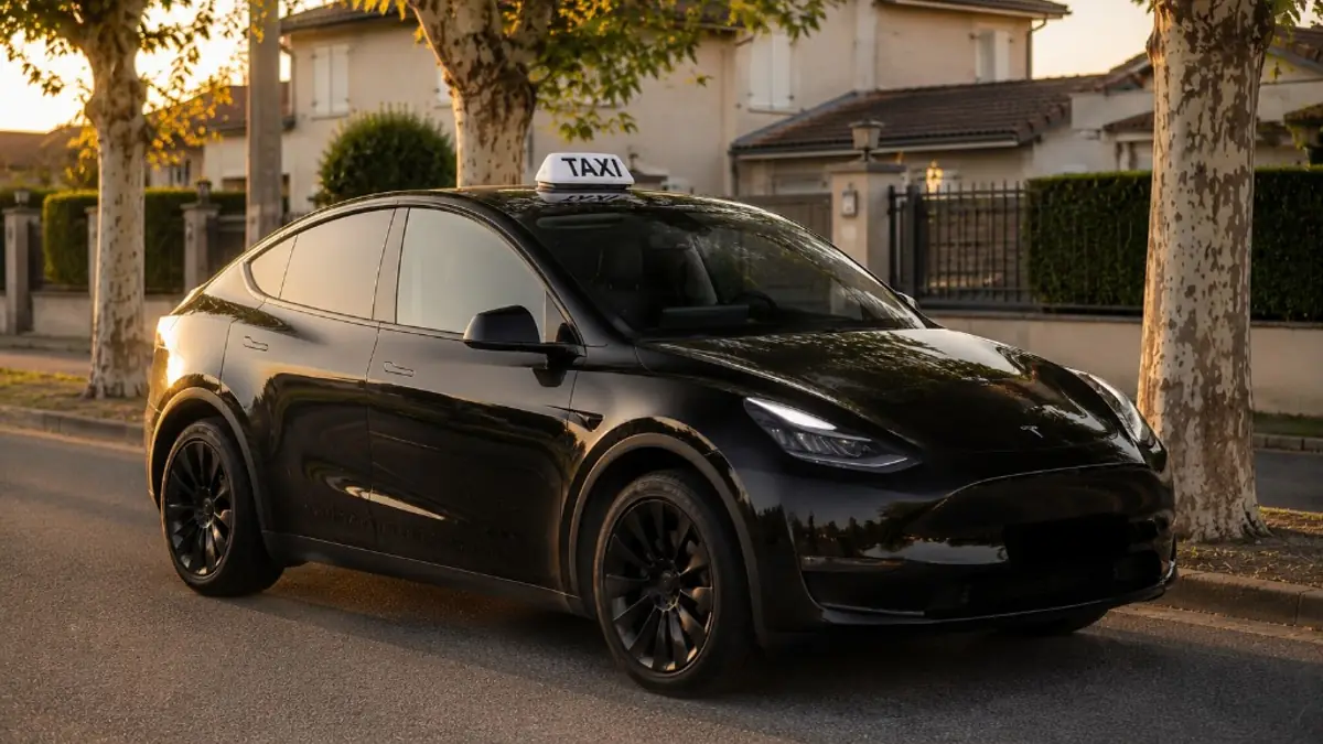 Taxi berline Tesla Model Y noir Tara Taxi en quartier résidentiel — Nord-Isère