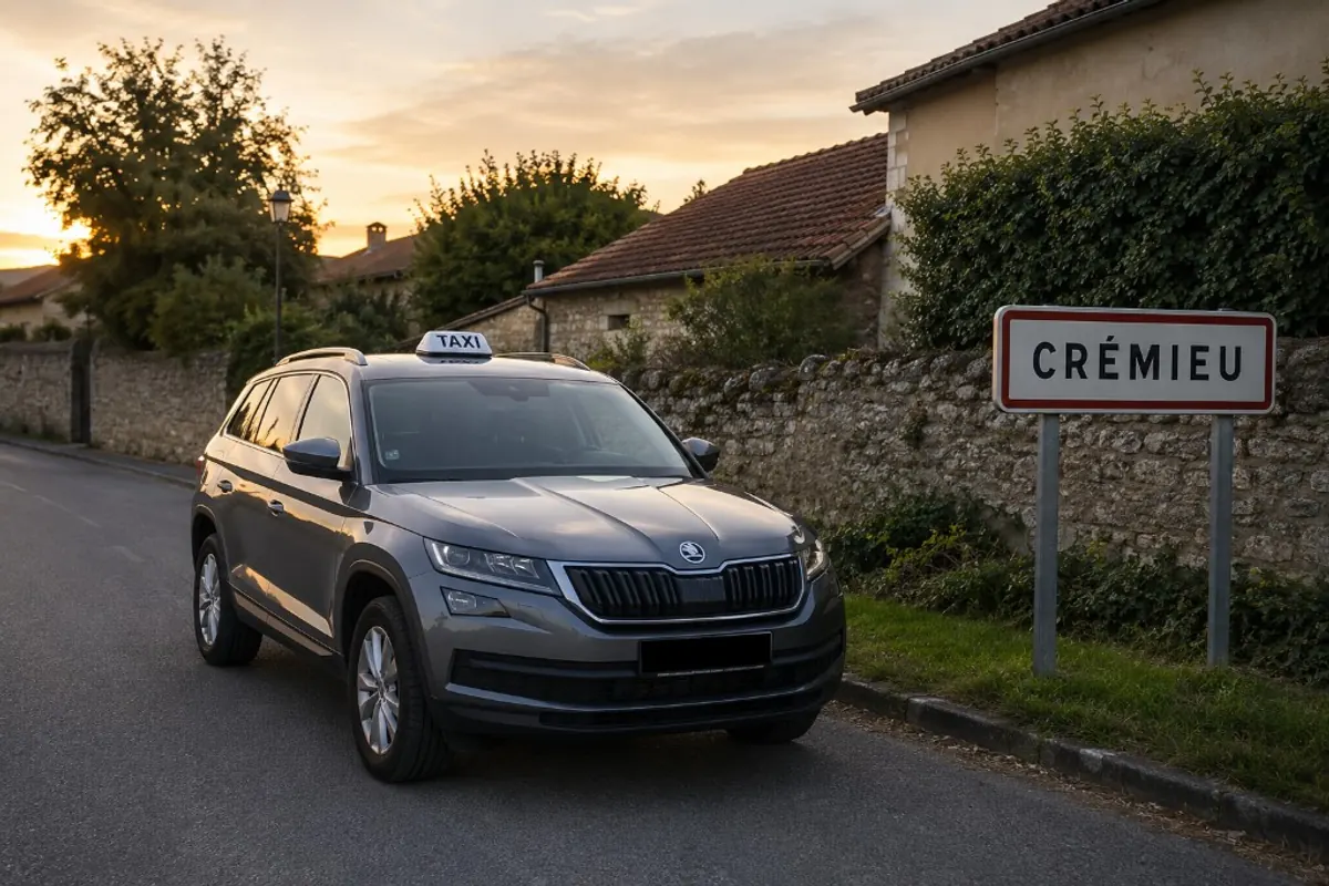 Taxi Škoda Kodiaq gris Tara Taxi devant le panneau de Crémieu