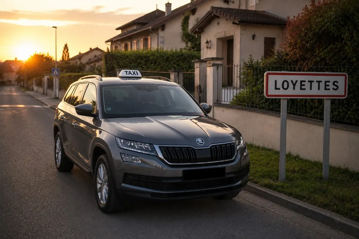Taxi Škoda Kodiaq gris Tara Taxi devant le panneau de Loyettes